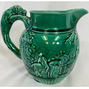 Vintage Green Wedgwood Pitcher Adorned With a Hunt Scene and Hound Handle